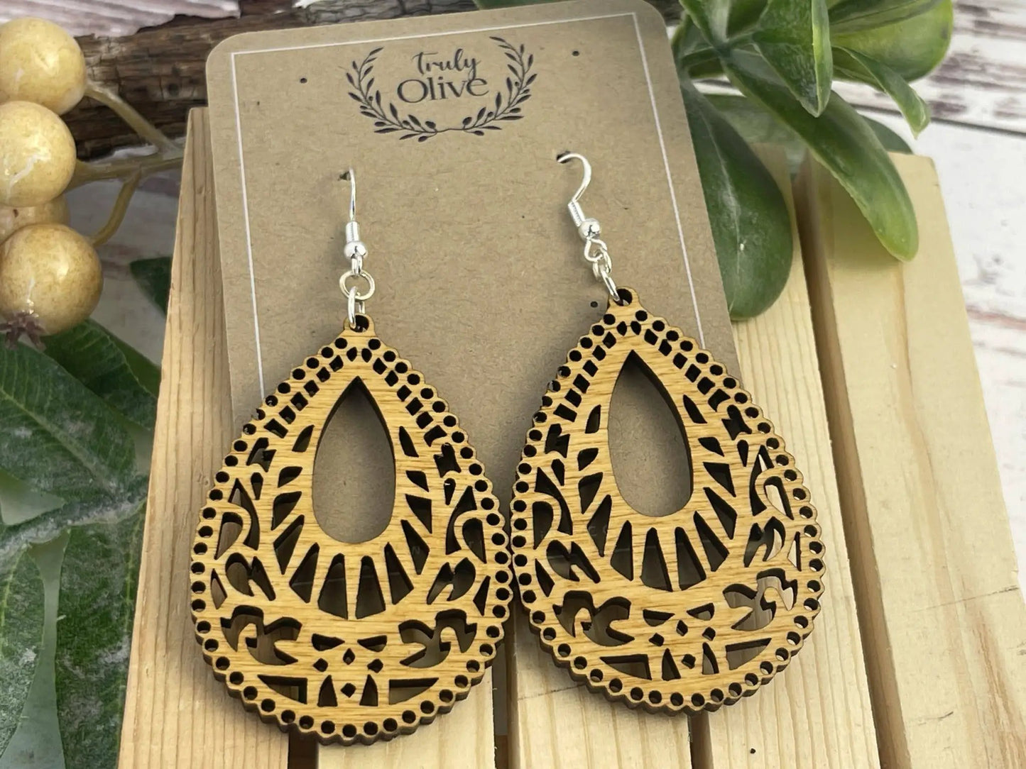 Truly Olive Teardrop Shape Wood Mandala Earrings - Earrings Dangle Earrings