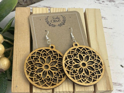 Truly Olive Circle Shape Lightweight Wood Mandala Earrings - Earrings Dangle Earrings