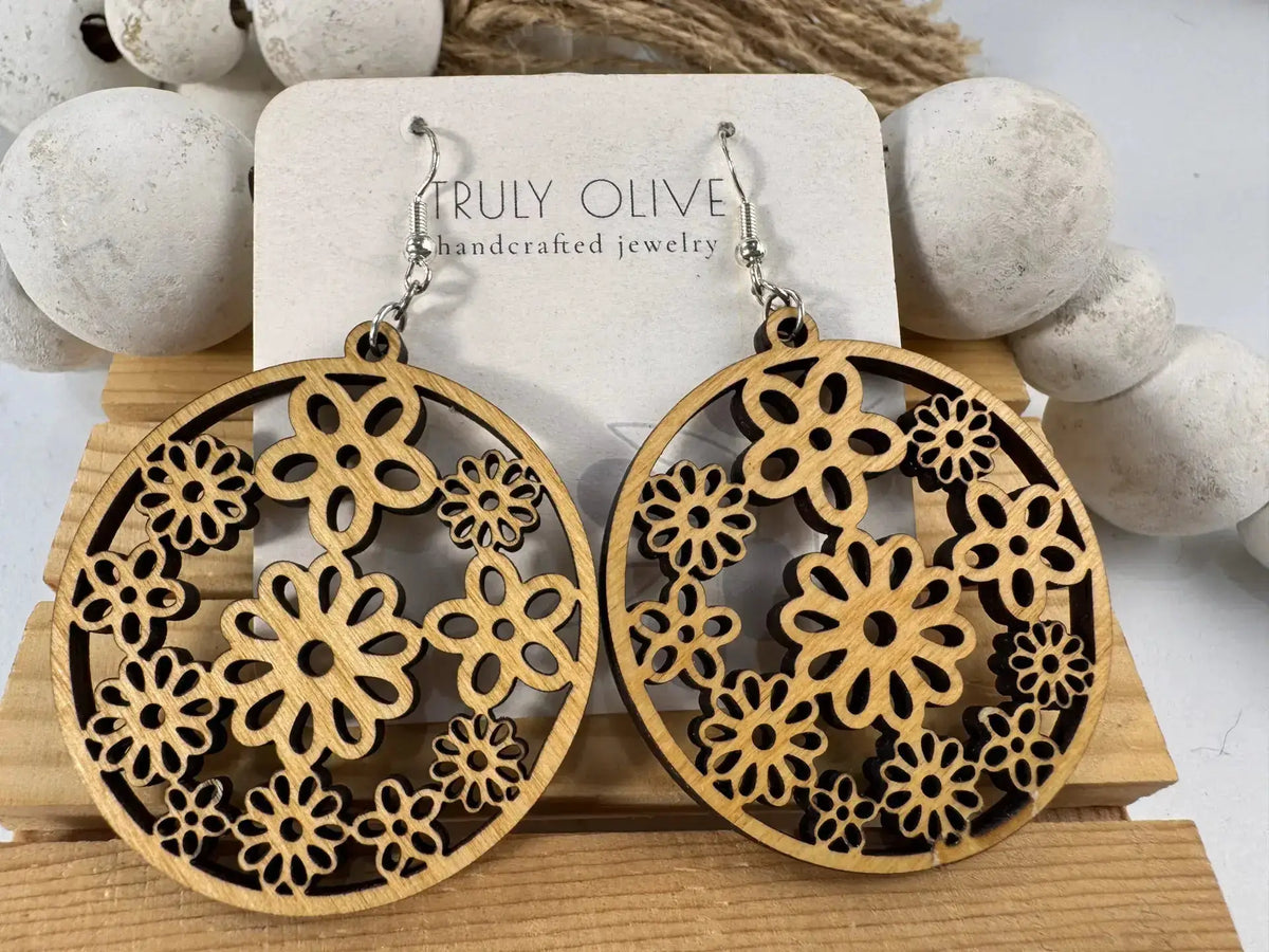 Truly Olive Groovy Flower Pattern Wood Earrings - Earrings Dangle Earrings