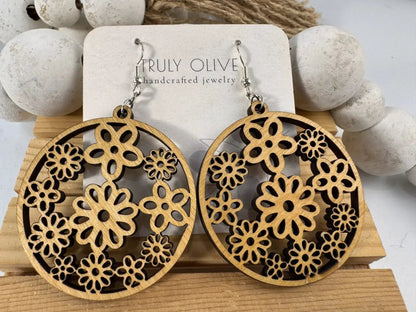 Truly Olive Groovy Flower Pattern Wood Earrings - Earrings Dangle Earrings
