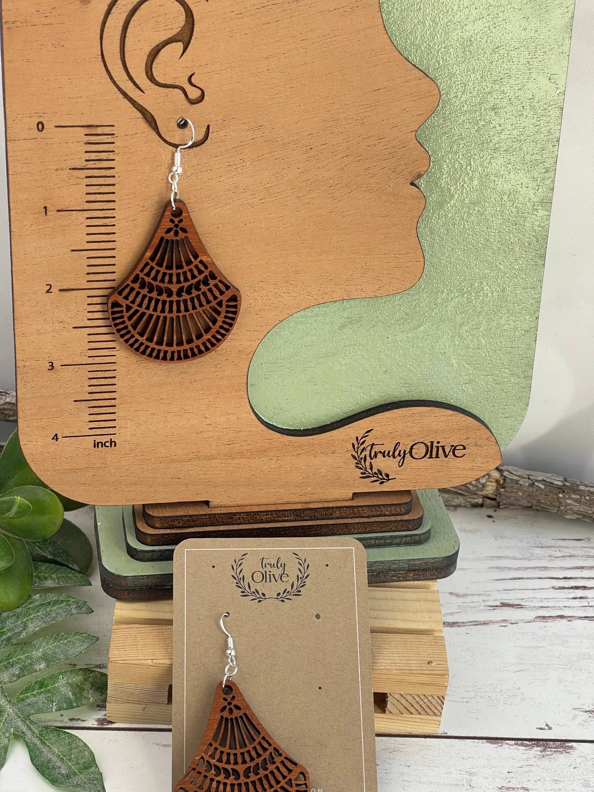 Truly Olive Elegant Shapely Wood Earrings - Earrings Dangle Earrings