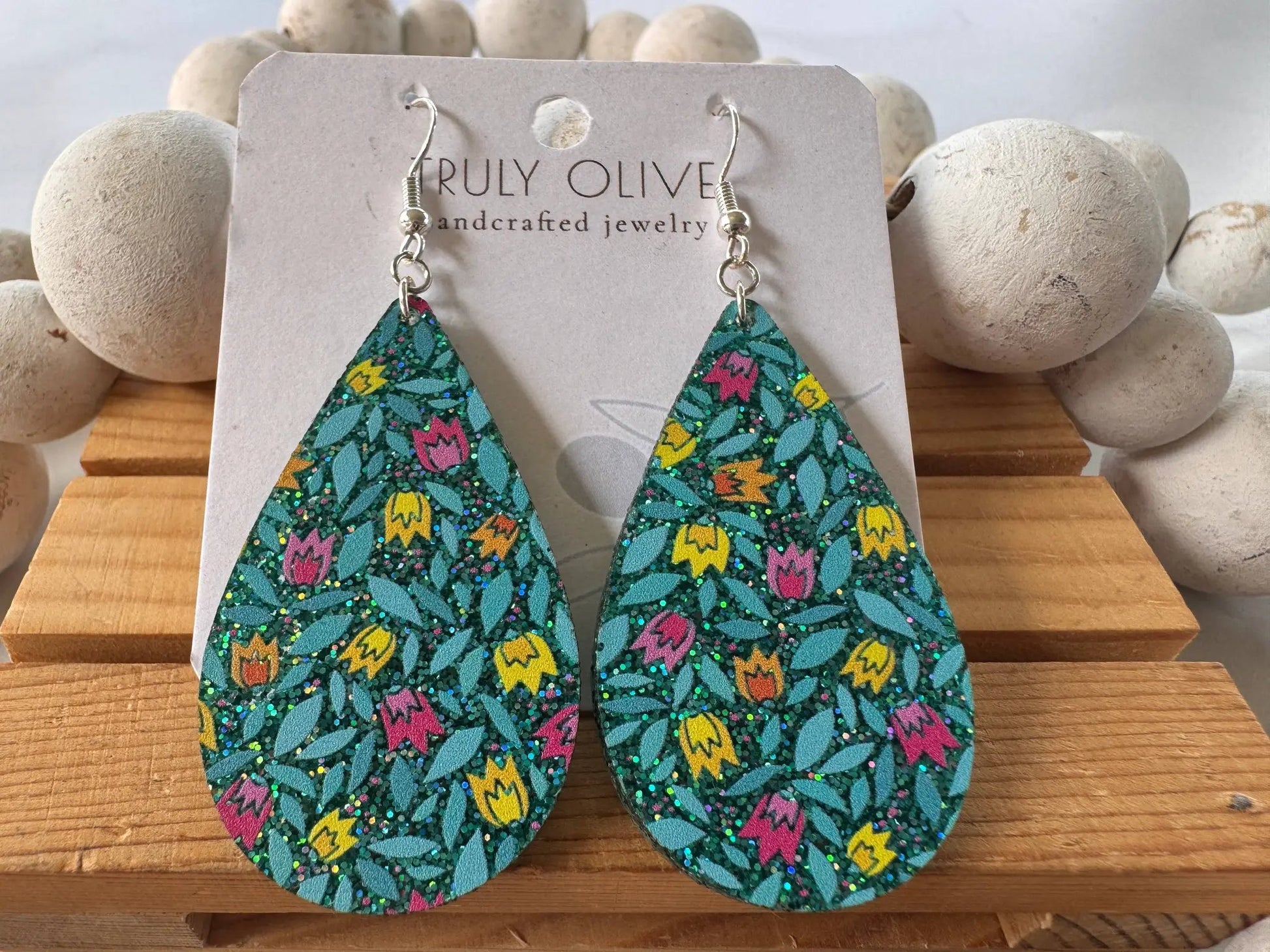 Truly Olive Blue Sparkle Flower Pattern Acrylic Earrings - Earrings Dangle Earrings