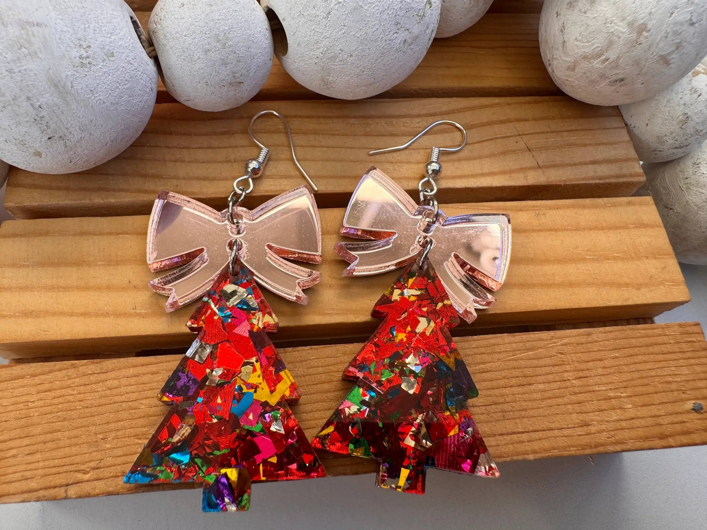 Truly Olive Glitter Christmas Trees With Rose Gold Bow - Earrings Dangle Earrings