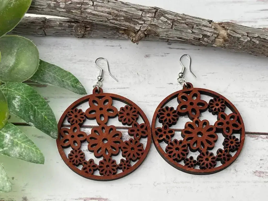 Truly Olive Groovy Flower Pattern Wood Earrings - Earrings Dangle Earrings