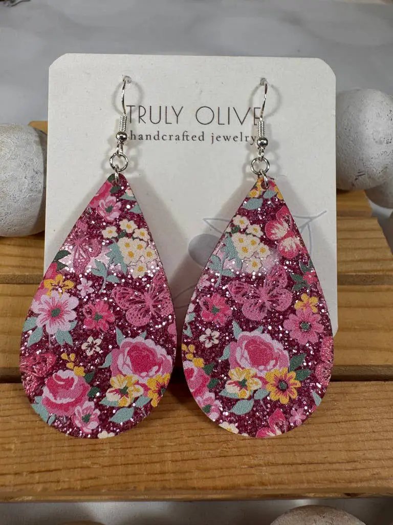 Truly Olive Pink Glitter Flower Pattern Acrylic Earrings - Earrings Dangle Earrings