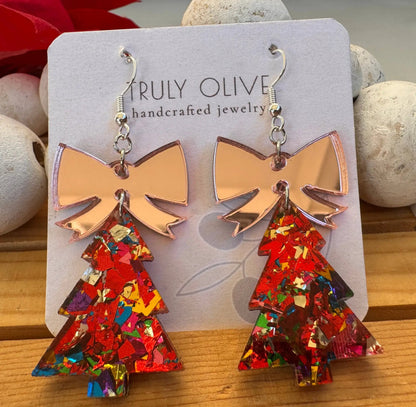 Truly Olive Glitter Christmas Trees With Rose Gold Bow - Earrings Dangle Earrings