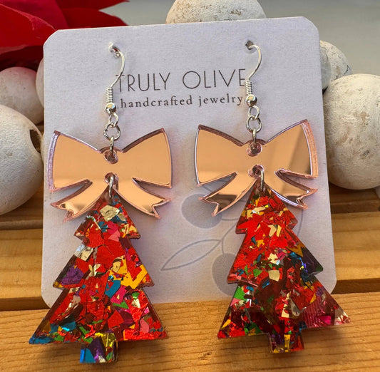 Truly Olive Glitter Christmas Trees With Rose Gold Bow - Earrings Dangle Earrings
