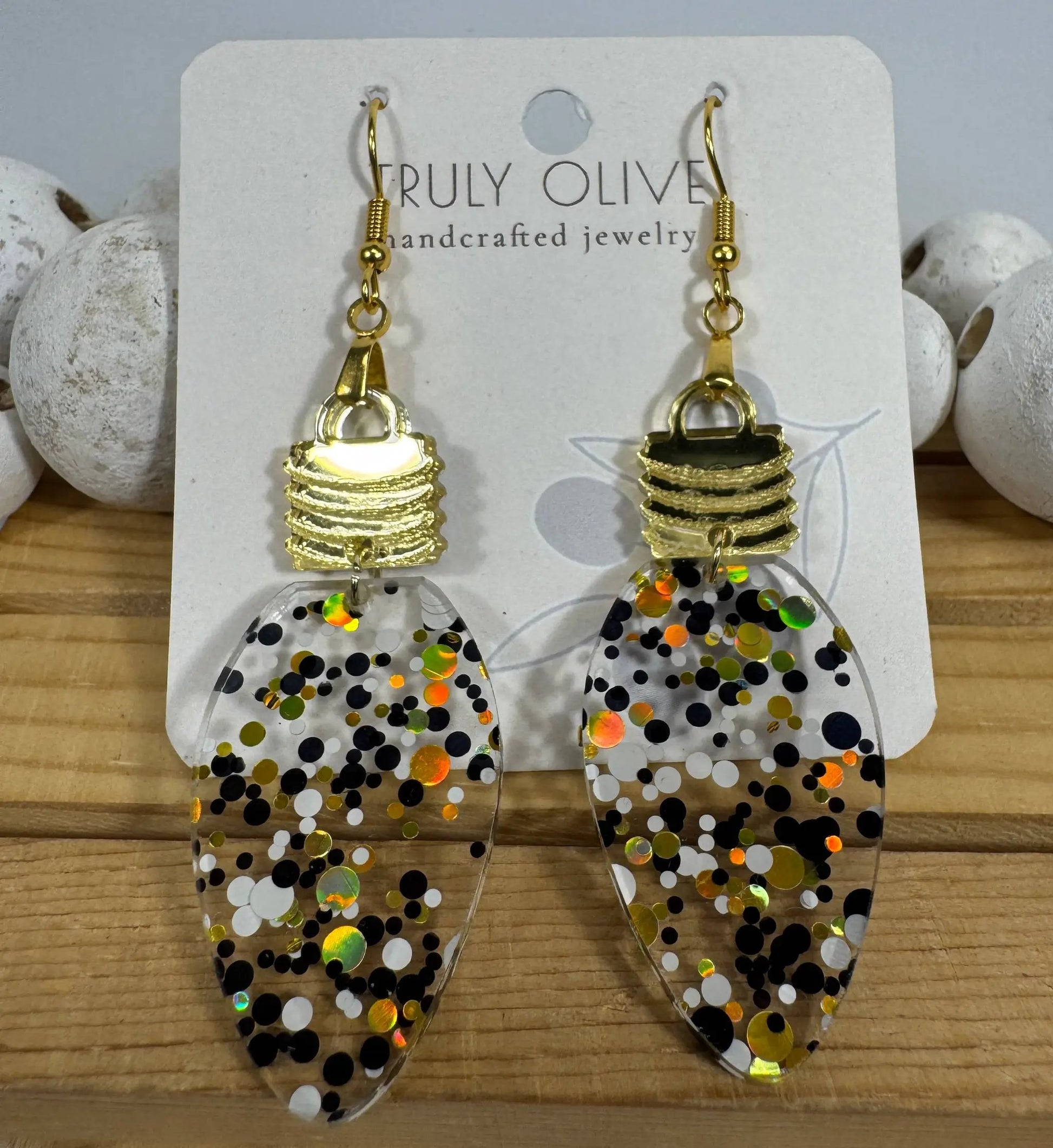Truly Olive Cute Gold Black and White Christmas Lightbulb Earrings - Earrings Dangle Earrings