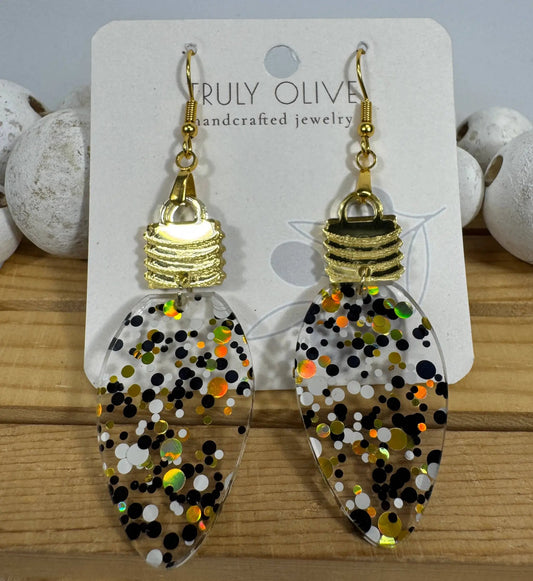 Truly Olive Cute Gold Black and White Christmas Lightbulb Earrings - Earrings Dangle Earrings