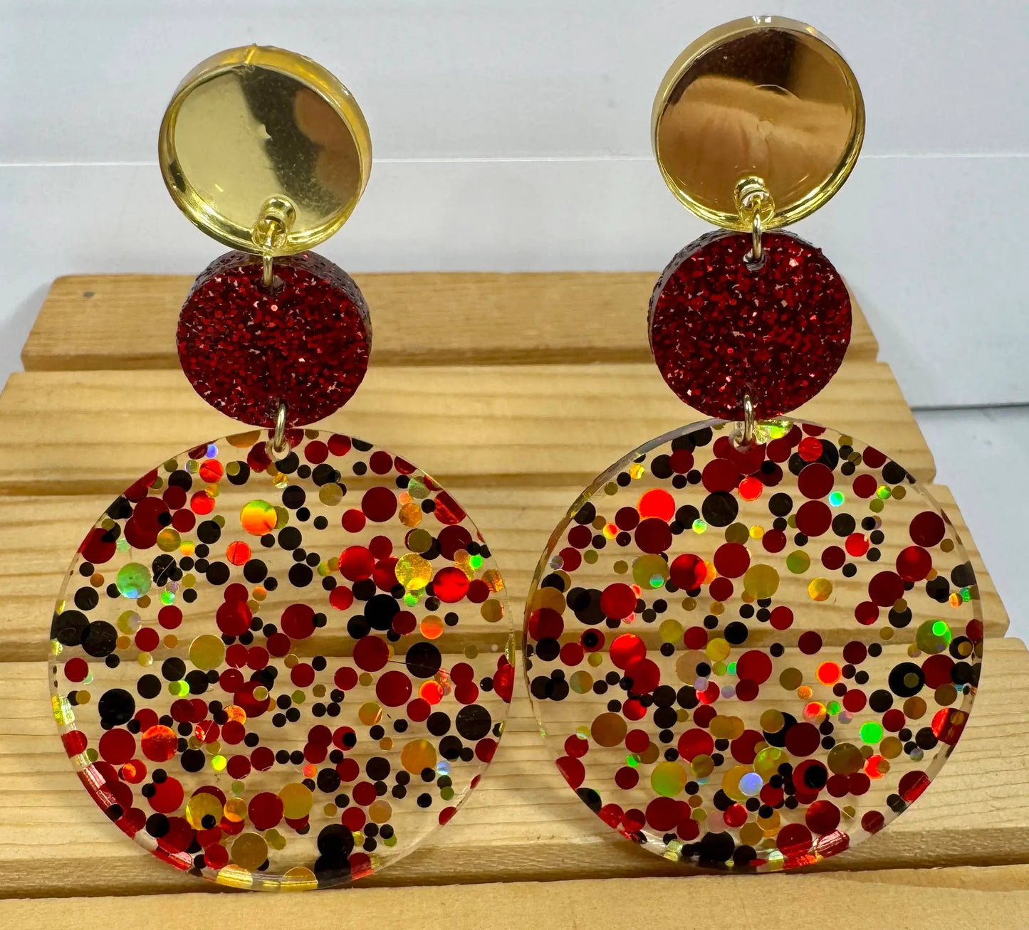 Truly Olive Tiered Red and Gold Confetti Acrylic Earrings - Earrings Dangle Earrings