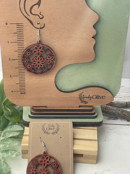 Truly Olive Groovy Flower Pattern Wood Earrings - Earrings Dangle Earrings