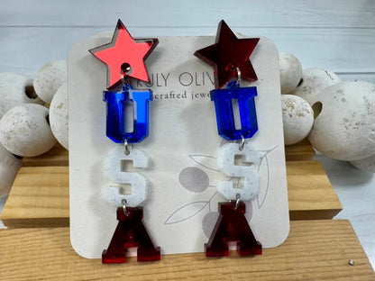 Truly Olive Patriotic Lettered USA Earring Dangles - Earrings Dangle Earrings