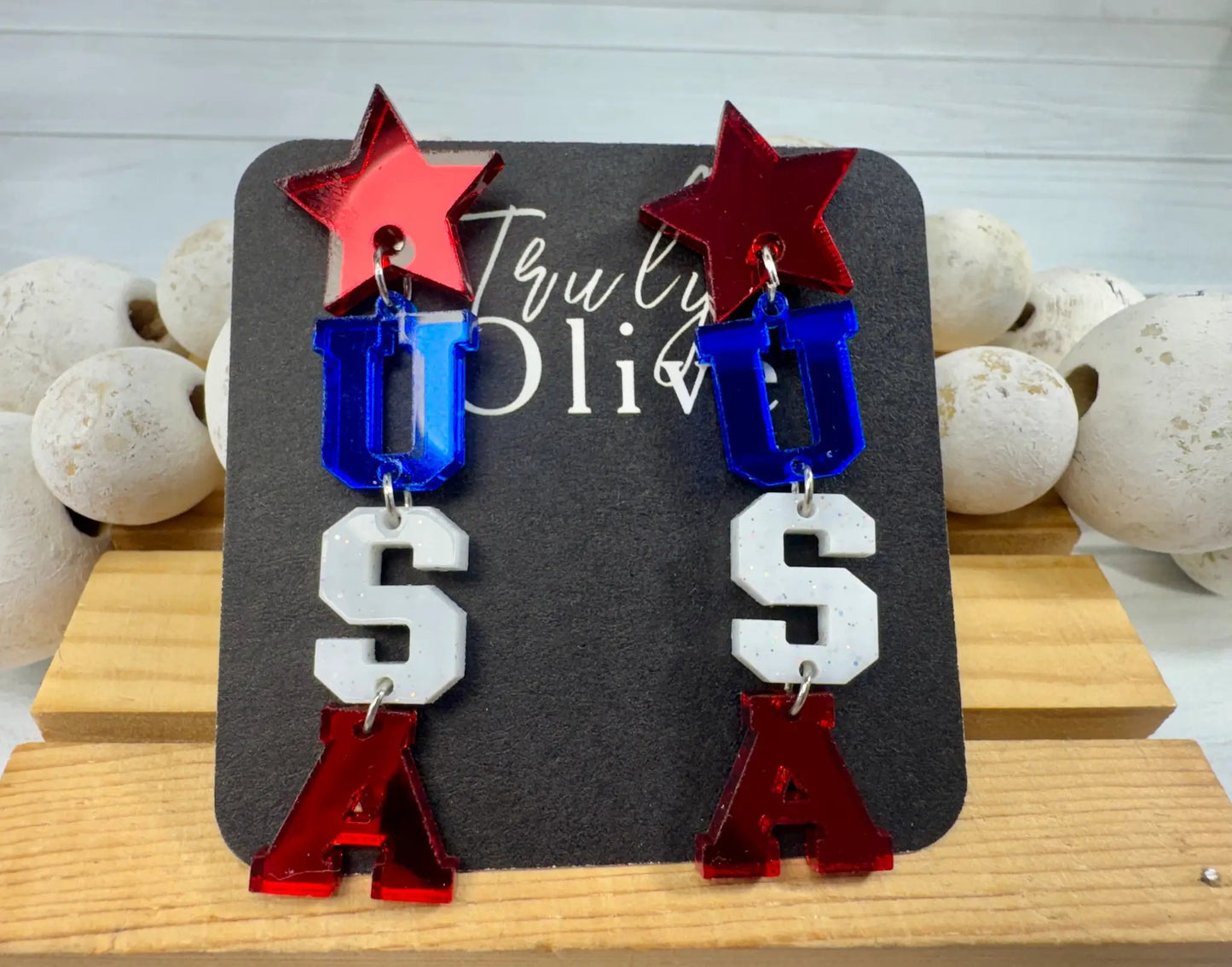 Truly Olive Patriotic Lettered USA Earring Dangles - Earrings Dangle Earrings