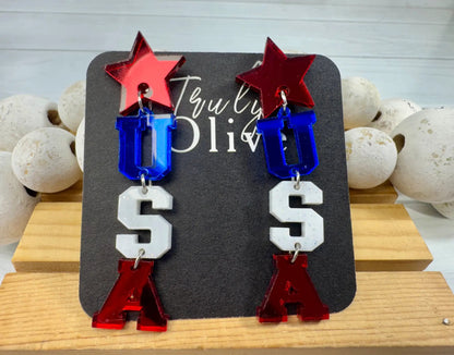 Truly Olive Patriotic Lettered USA Earring Dangles - Earrings Dangle Earrings