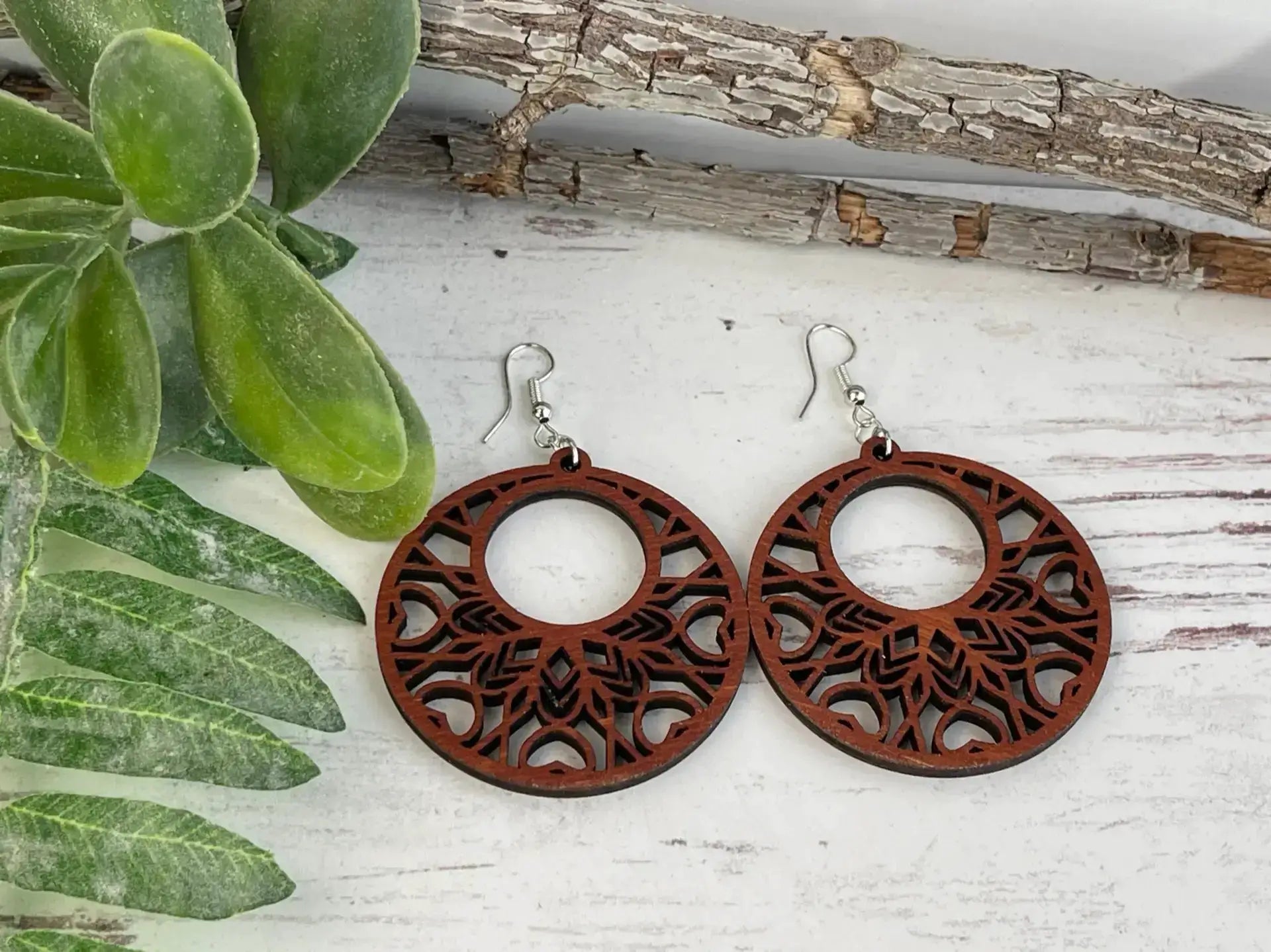 Truly Olive Boho Mandala Wooden Earrings - Earrings Dangle Earrings