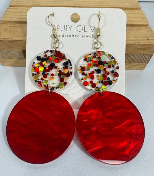 Truly Olive Red and Confetti Acrylic Earrings - Earrings Dangle Earrings