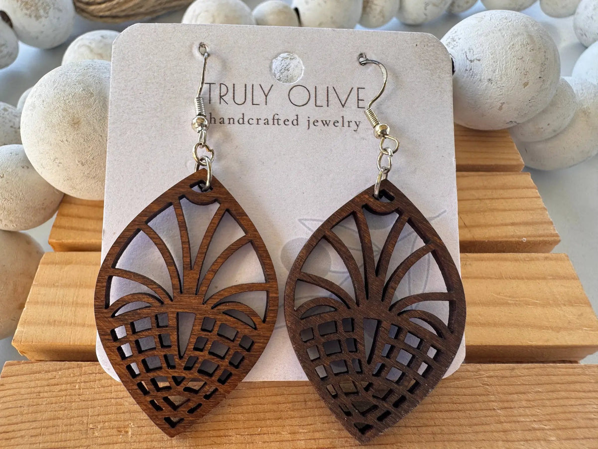 Truly Olive Geometric Style Filigree Lightweight Wood Earrings - Earrings Dangle Earrings