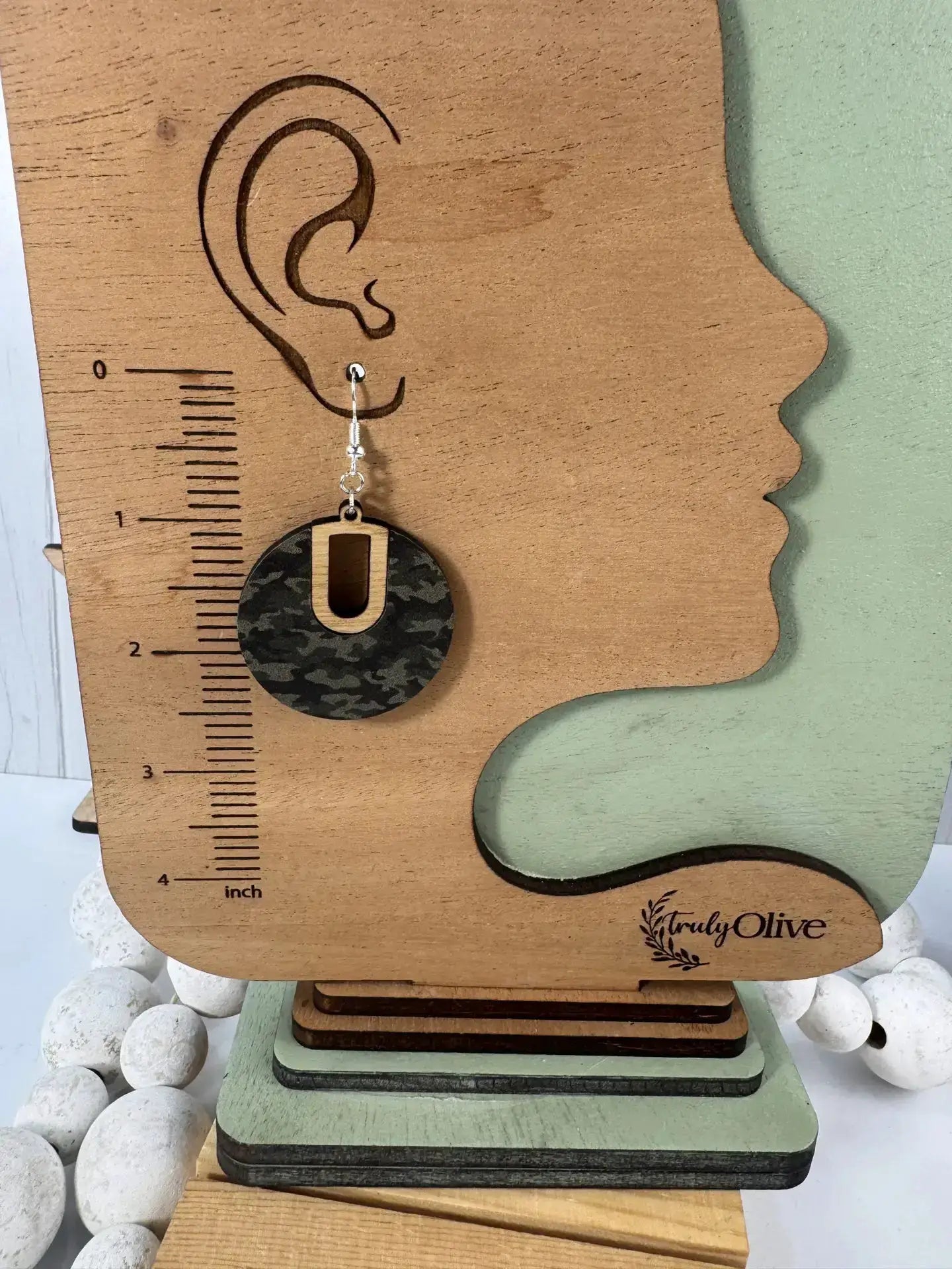 Truly Olive Camouflage Pattern Wood Earrings - Earrings Dangle Earrings