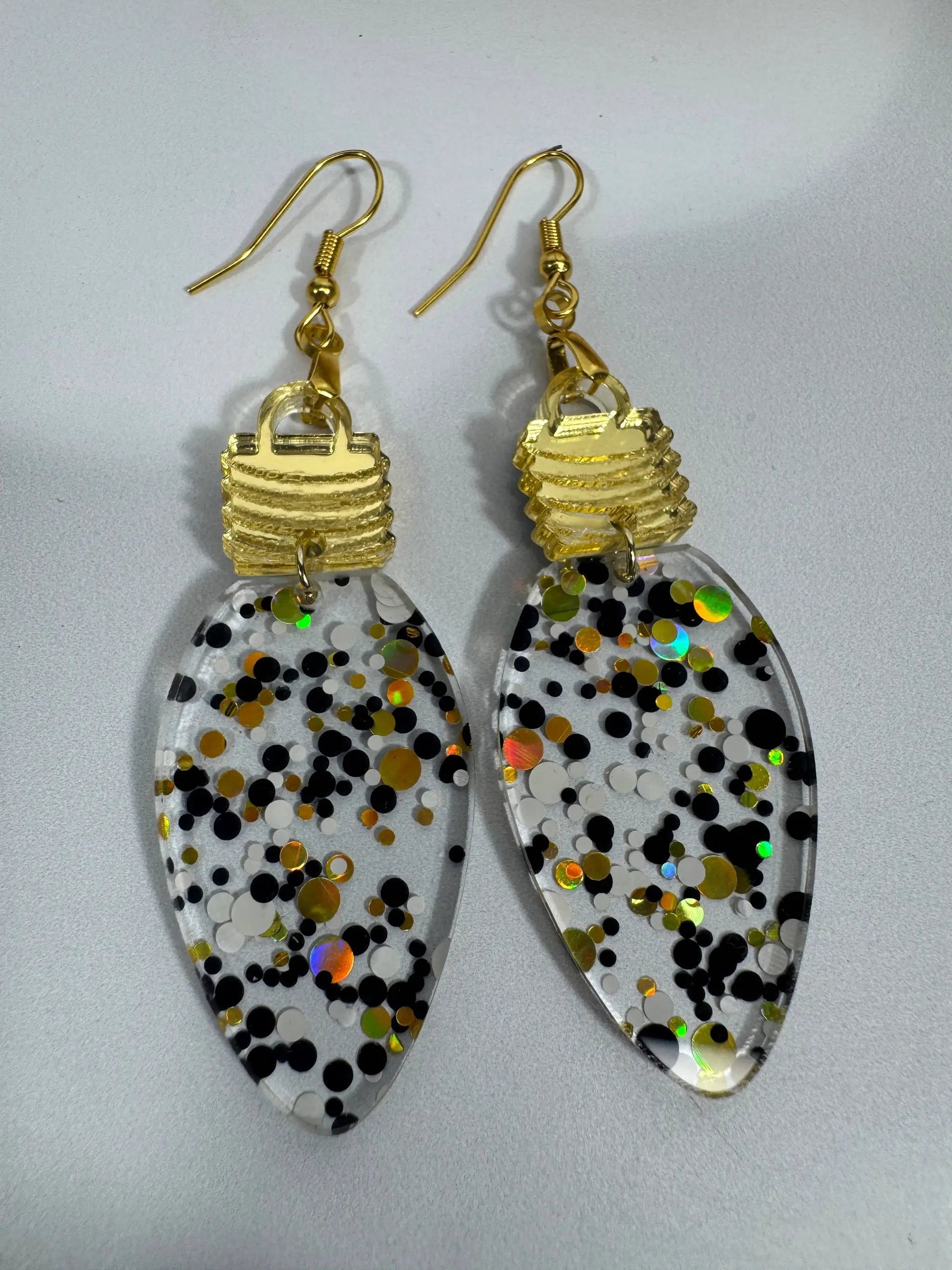 Truly Olive Cute Gold Black and White Christmas Lightbulb Earrings - Earrings Dangle Earrings