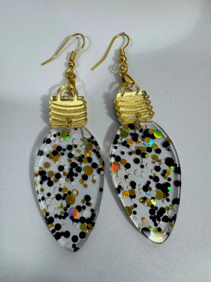 Truly Olive Cute Gold Black and White Christmas Lightbulb Earrings - Earrings Dangle Earrings