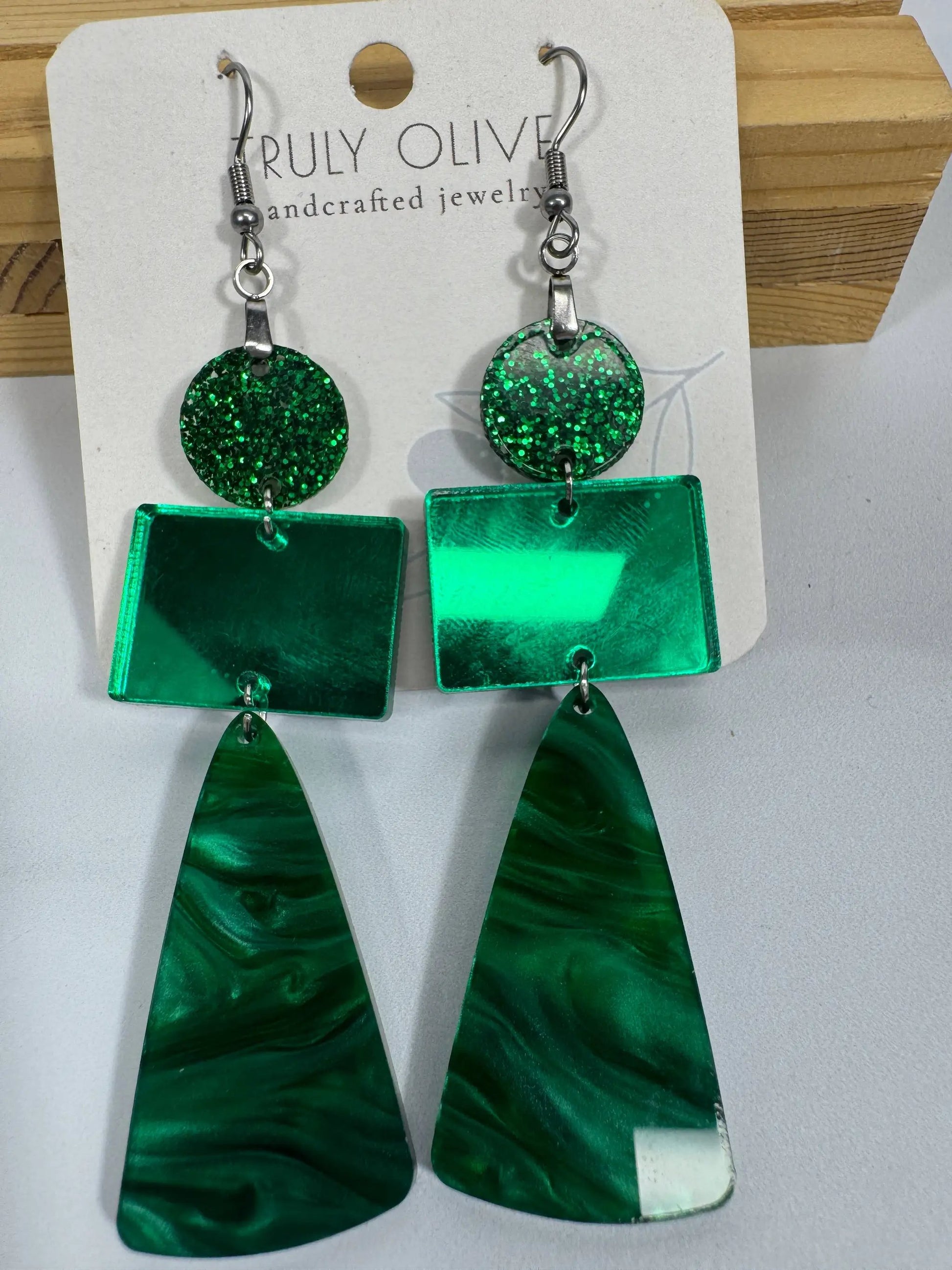 Truly Olive Green Marble and Glitter Acrylic Holiday Earrings - Earrings Dangle Earrings