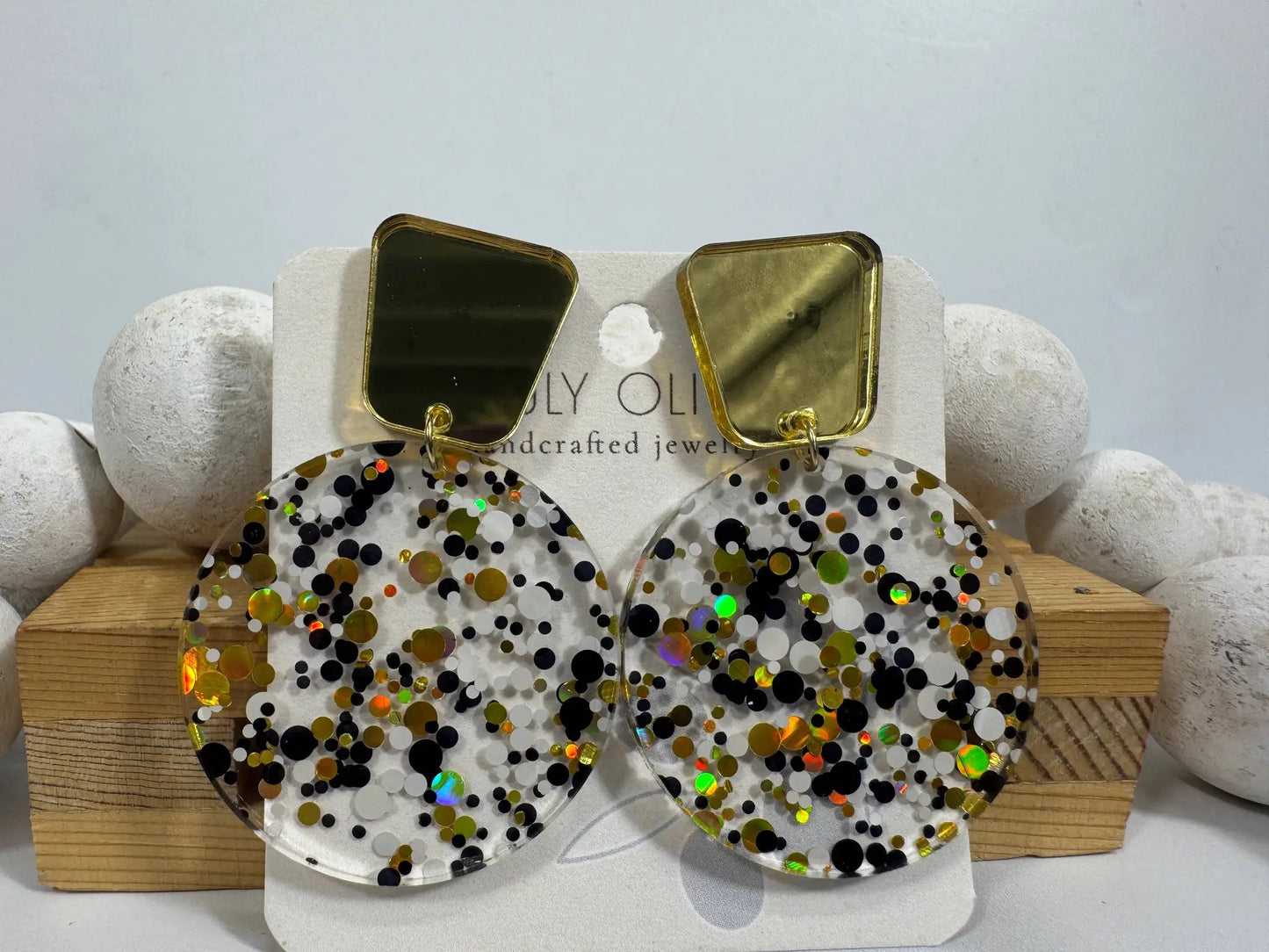 Truly Olive Tiered Circle Gold Black White Acrylic Christmas Earrings - Earrings Stud/Post Earrings