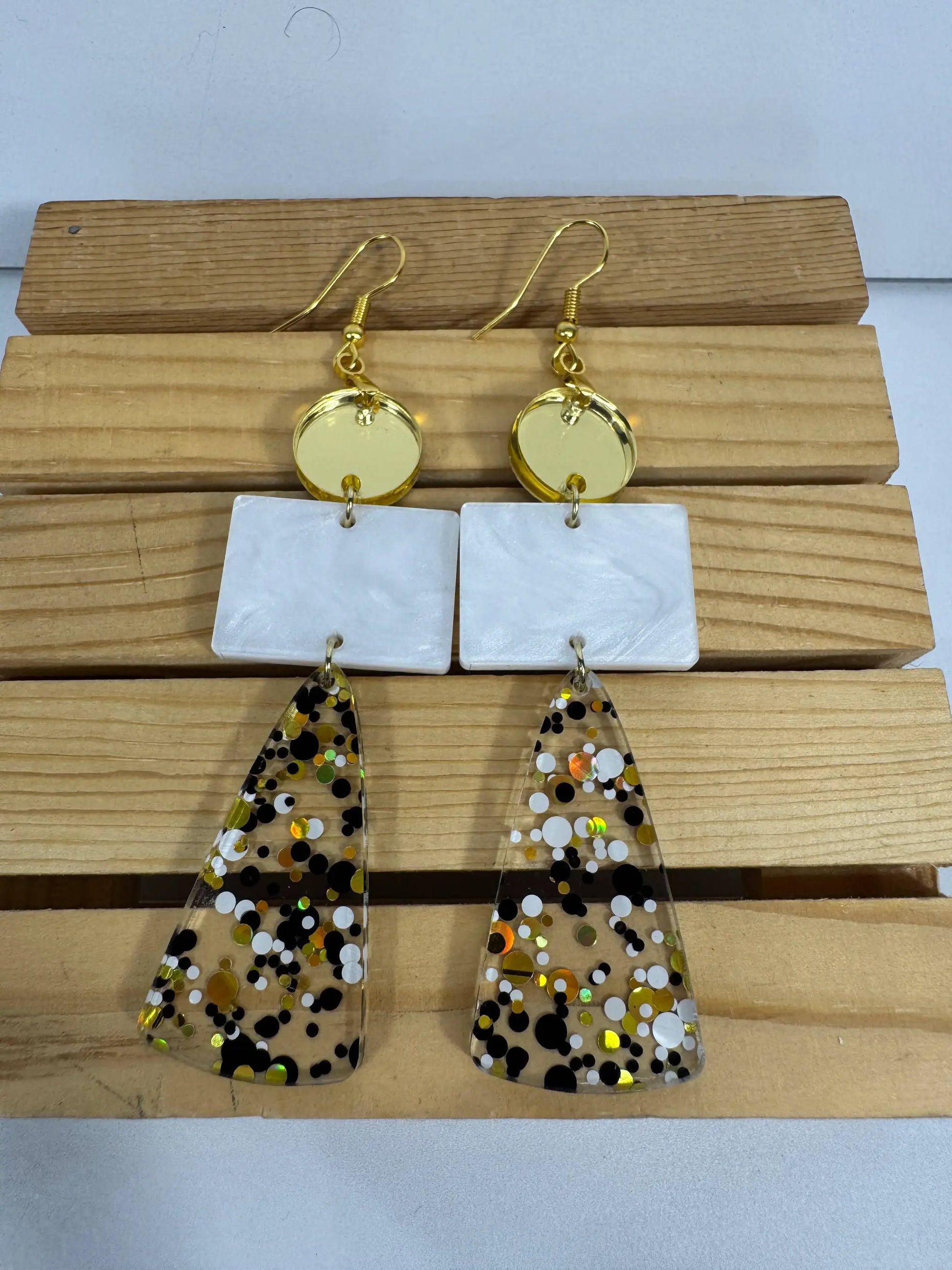 Truly Olive Long Gold Black and White Sparkly Confetti Acrylic Earrings - Earrings Dangle Earrings