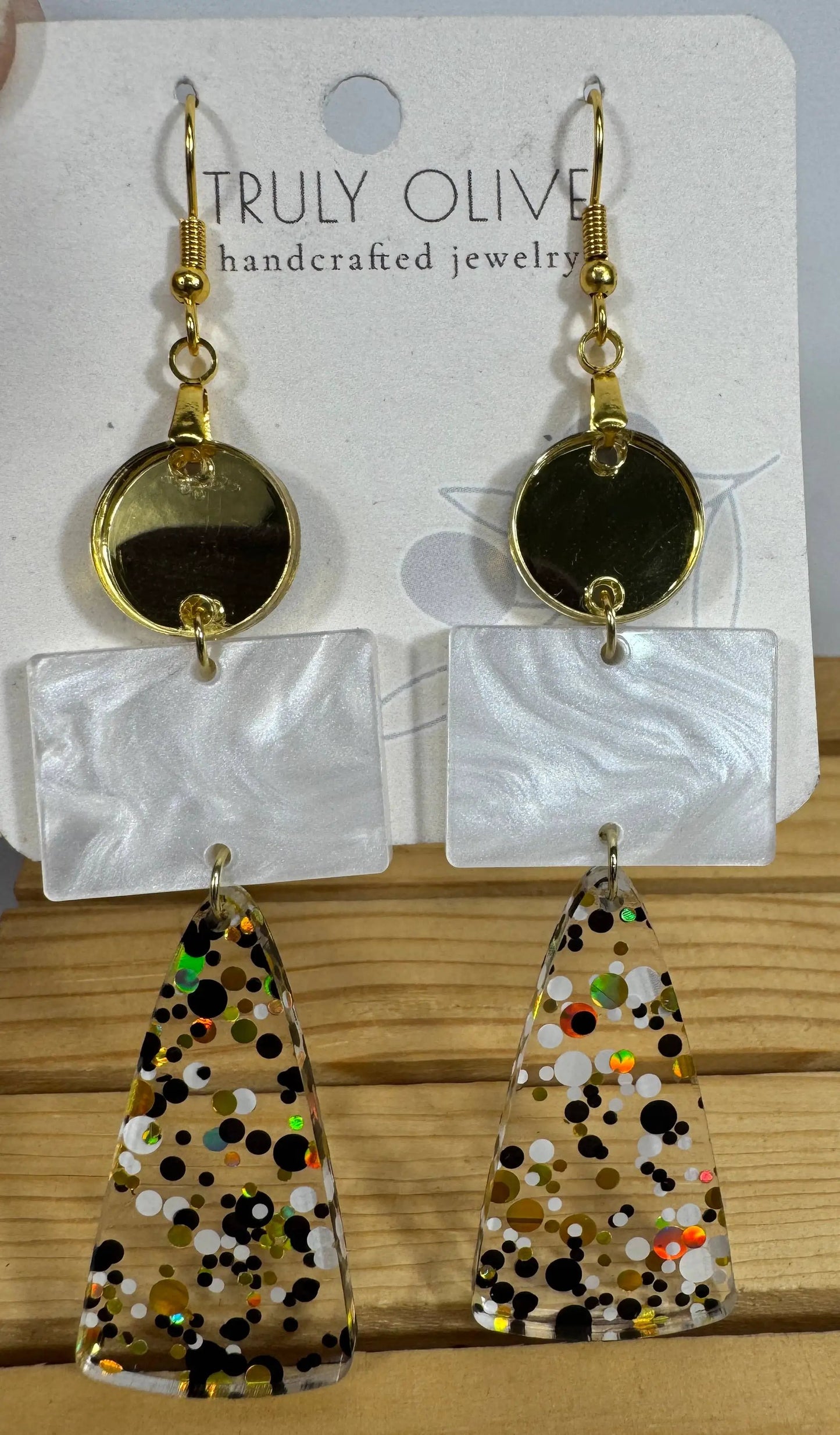 Truly Olive Long Gold Black and White Sparkly Confetti Acrylic Earrings - Earrings Dangle Earrings