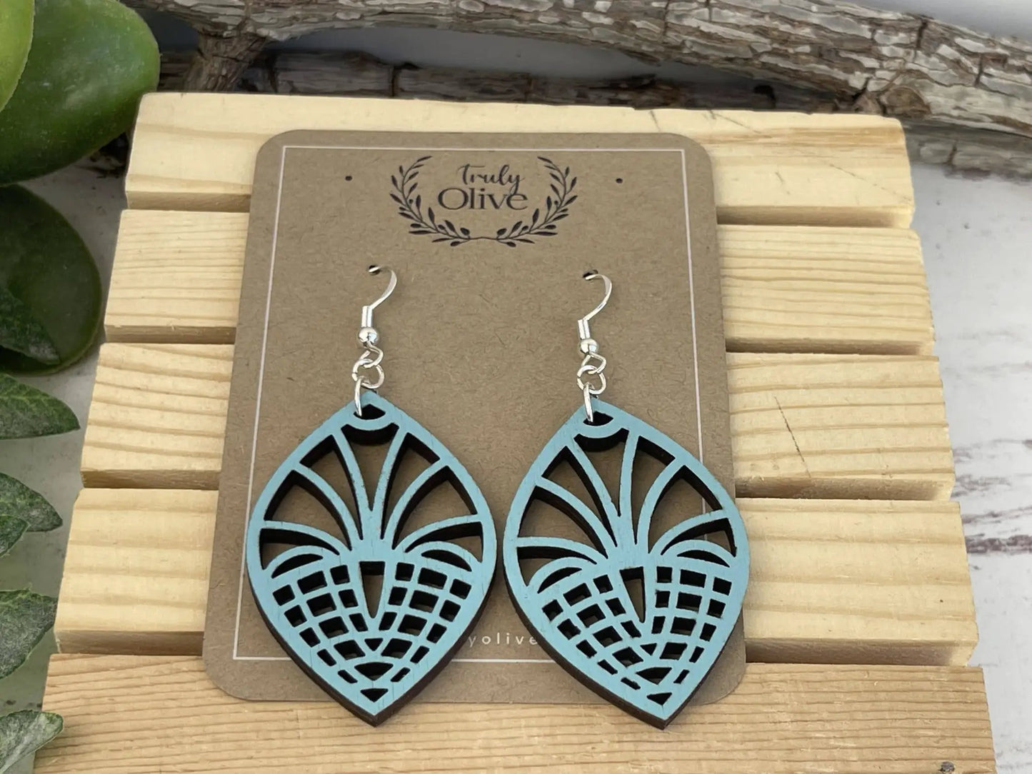 Truly Olive Geometric Style Filigree Lightweight Wood Earrings - Earrings Dangle Earrings