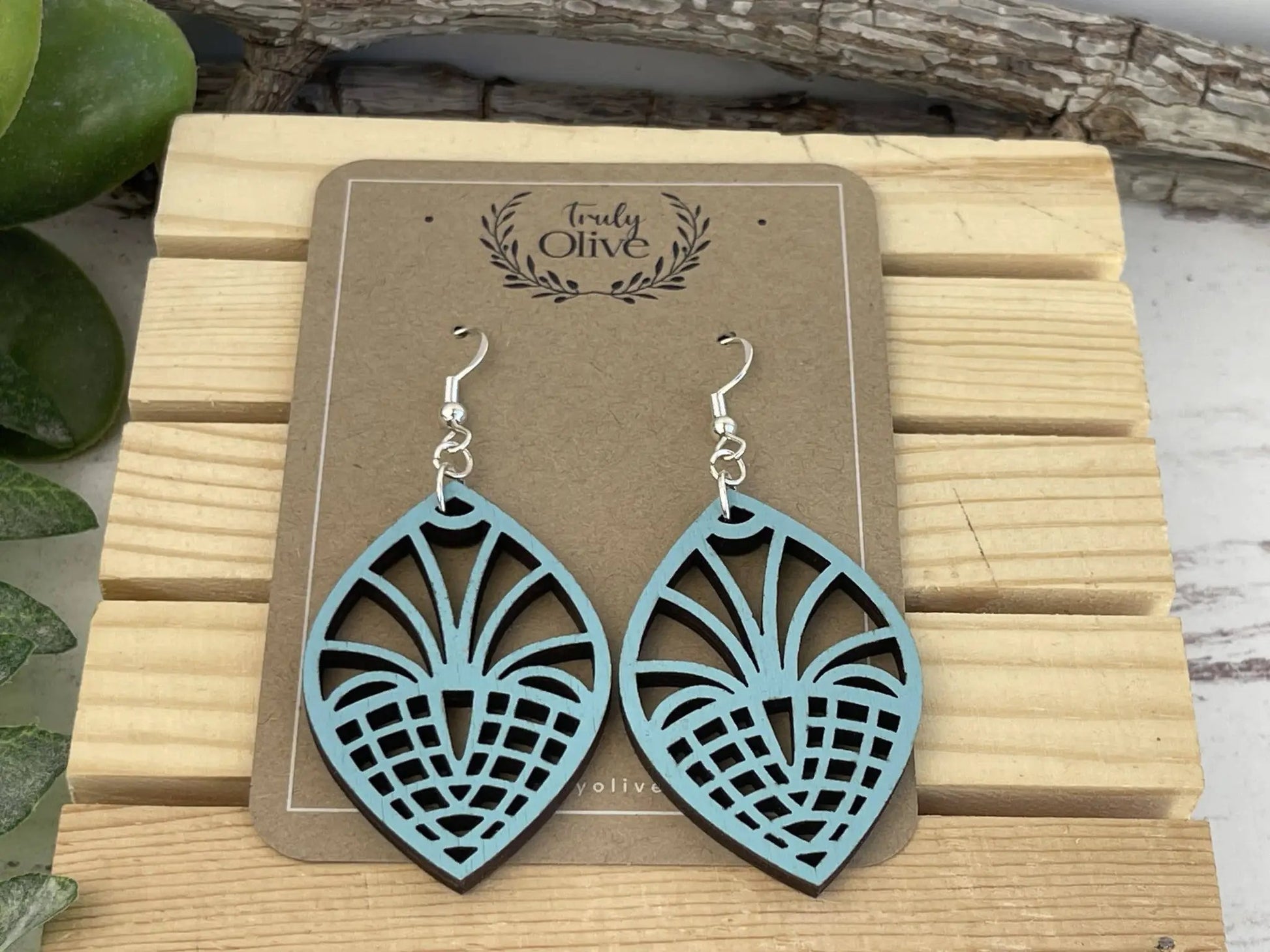 Truly Olive Geometric Style Filigree Lightweight Wood Earrings - Earrings Dangle Earrings