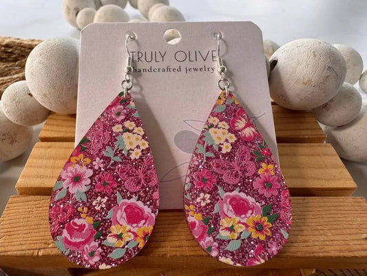 Truly Olive Pink Glitter Flower Pattern Acrylic Earrings - Earrings Dangle Earrings