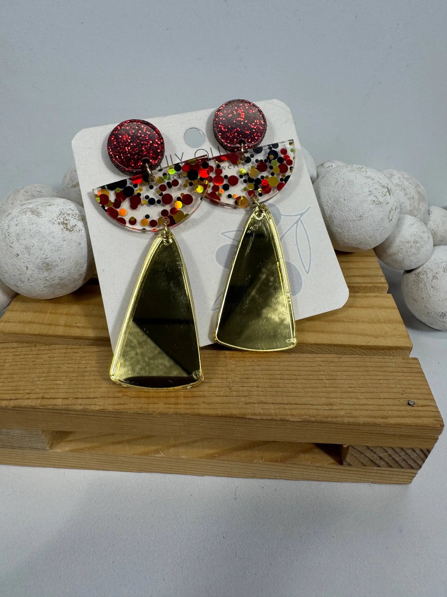 Truly Olive Red and Gold Angel Acrylic Confetti Holiday Earrings - Earrings Dangle Earrings