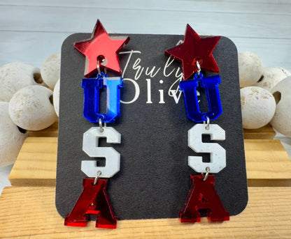 Truly Olive Patriotic Lettered USA Earring Dangles - Earrings Dangle Earrings