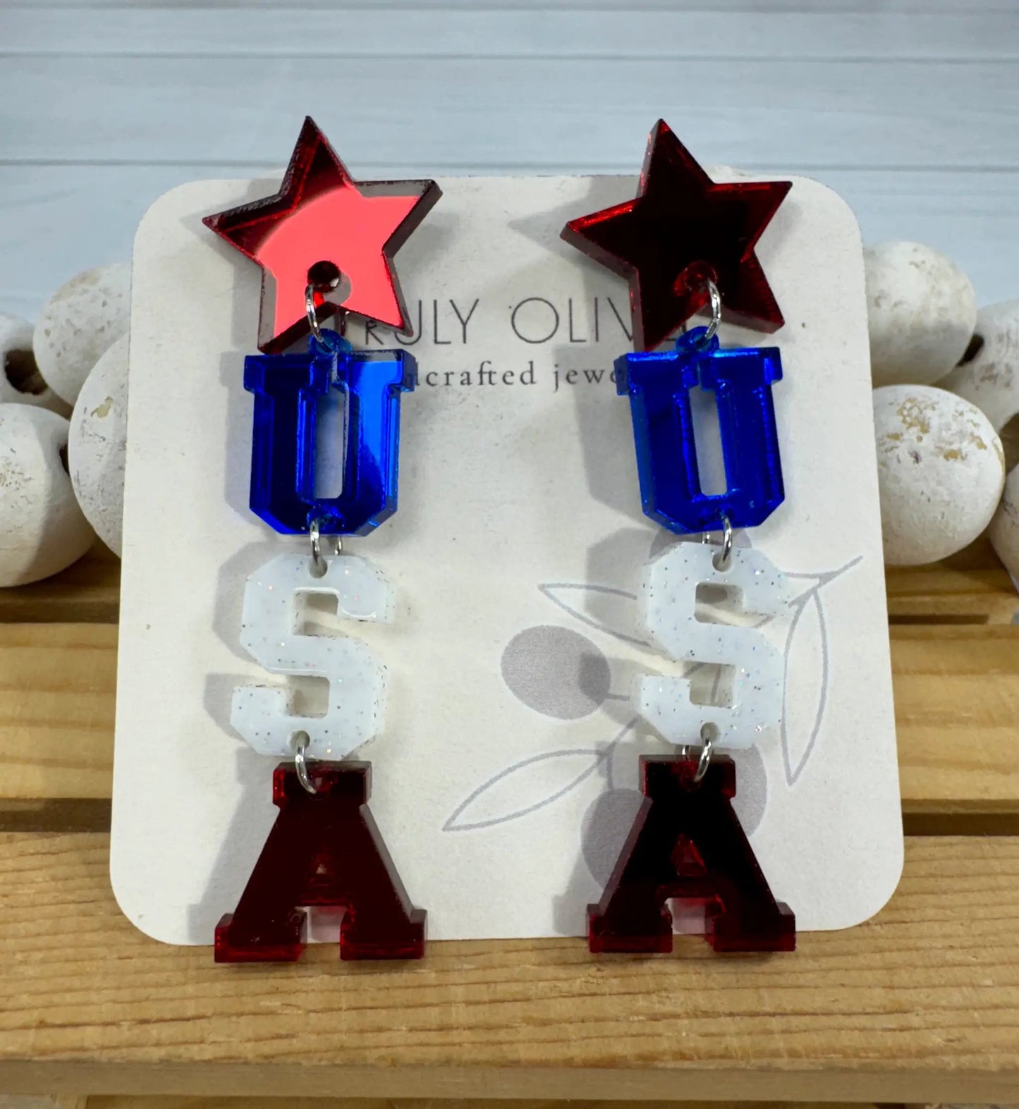 Truly Olive Patriotic Lettered USA Earring Dangles - Earrings Dangle Earrings