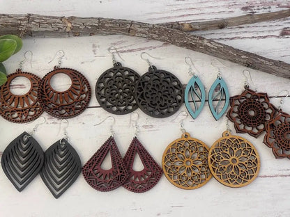 Truly Olive Vintage Wood Mandala Earrings Teardrops - Earrings Dangle Earrings