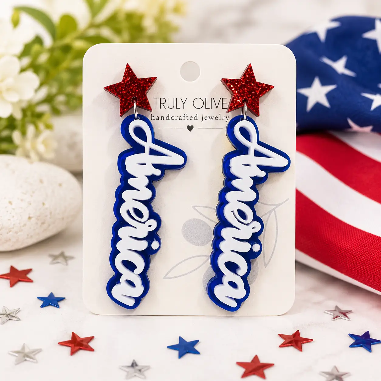 Truly Olive Patriotic America Earrings — Red, White and Blue Statement Jewelry - Earrings Dangle Earrings