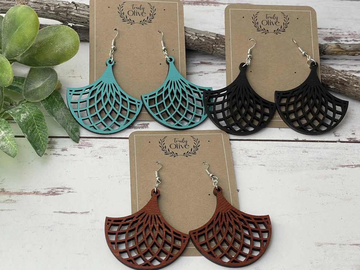 Truly Olive Stunning Wood Mandala Earrings in Unique Fanned Out Shape - Earrings Dangle Earrings