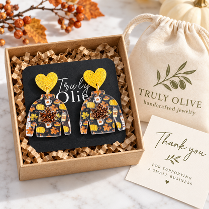 Truly Olive Fall Sweater Earrings with Glitter Maple Leaves - Earrings Dangle Earrings