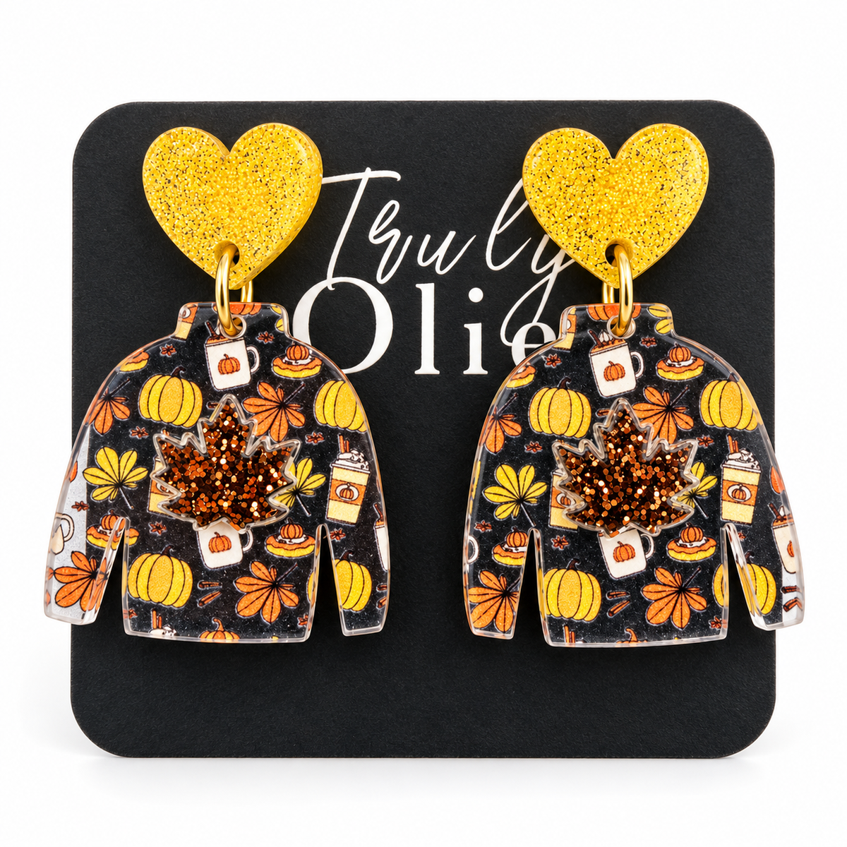 Truly Olive Fall Sweater Earrings with Glitter Maple Leaves - Earrings Dangle Earrings