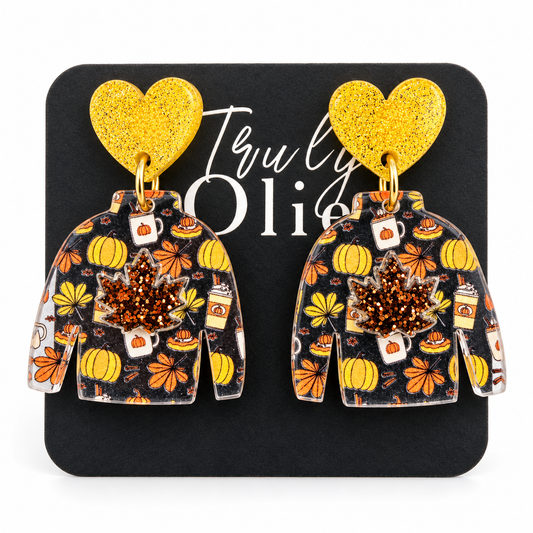 Truly Olive Fall Sweater Earrings with Glitter Maple Leaves - Earrings Dangle Earrings