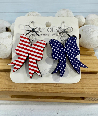 Trulyolive Patriotic Coquette Bow Red White and Blue Earrings - Earrings