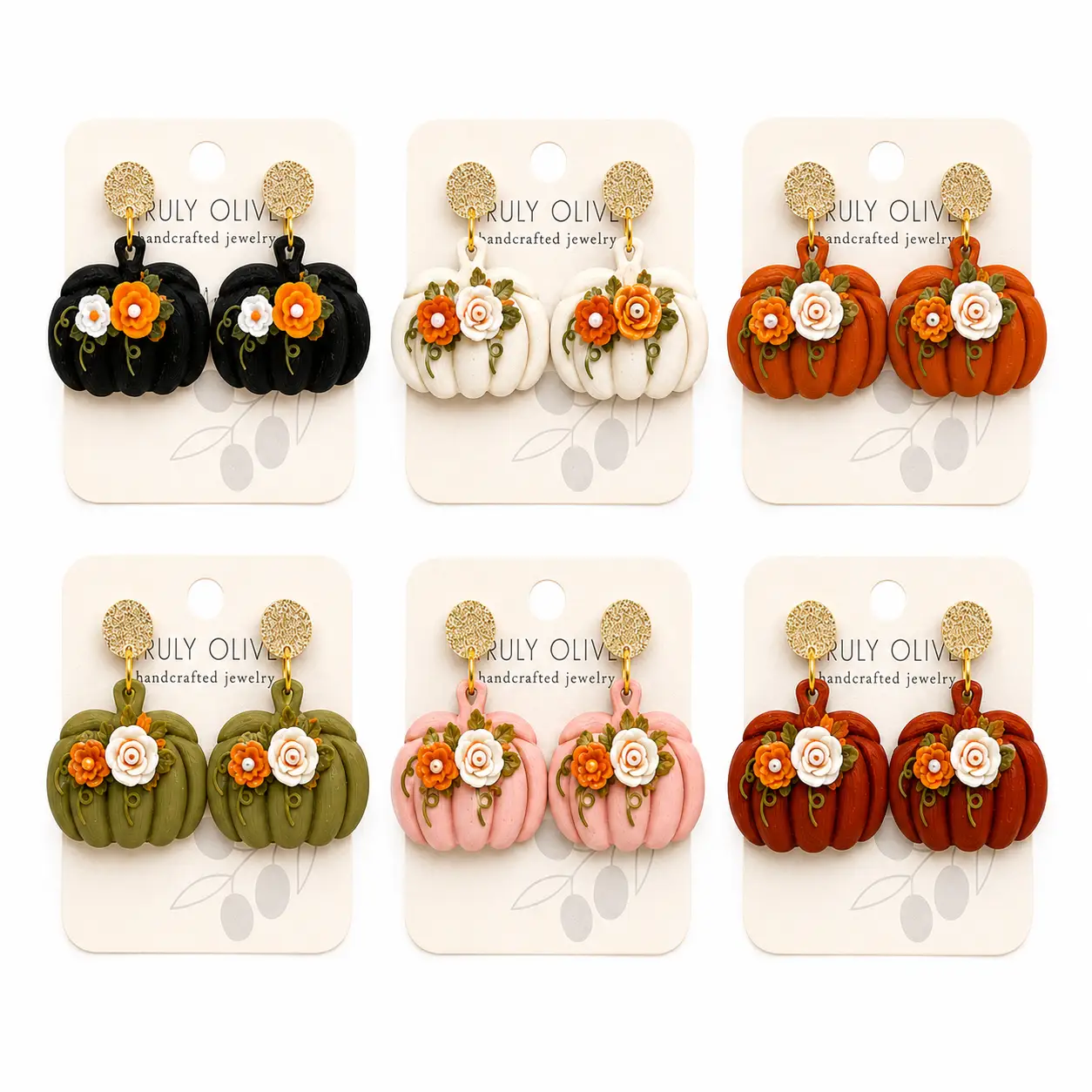 Black pumpkin floral earrings displayed with coordinating fall and Halloween jewelry from the Truly Olive seasonal collection.