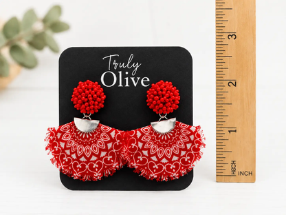Truly Olive Bring bold western style to your jewelry collection with these handcrafted Red Bandana Fringe Statement Earrings from Truly Olive. - Earrings Dangle Earrings