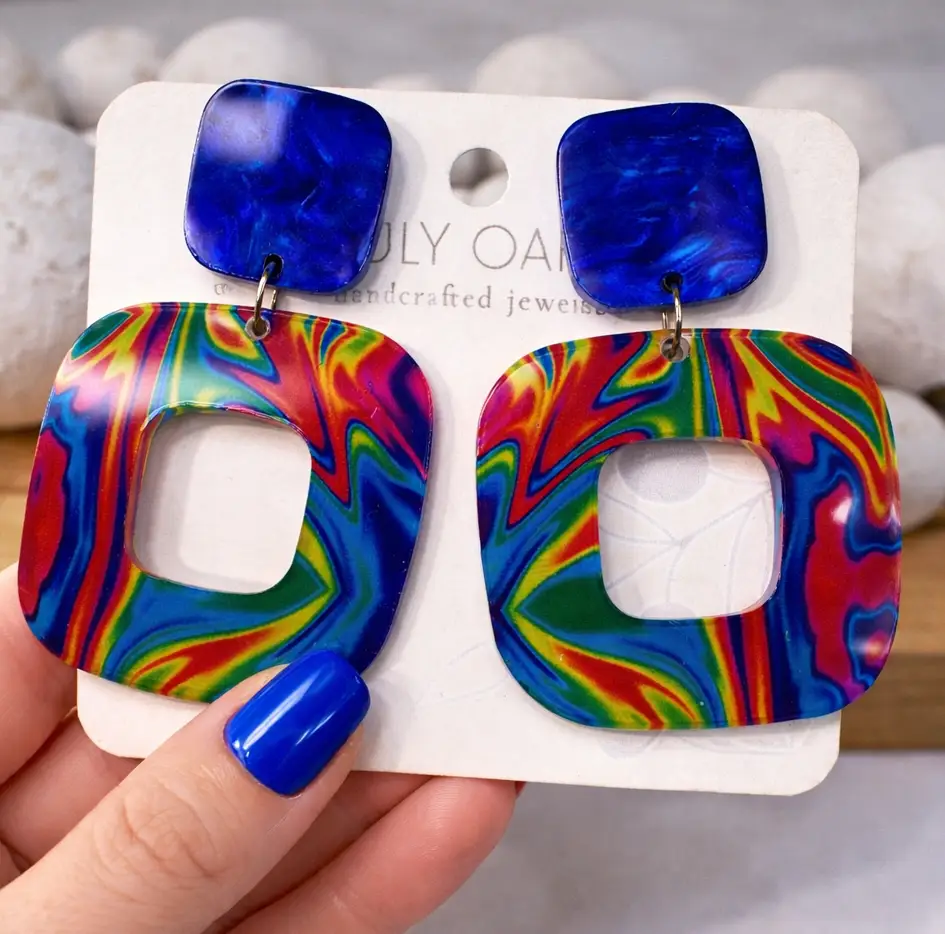 Truly Olive Blue Swirl Walnut Wood Statement Earrings - Earrings Stud/Post Earrings