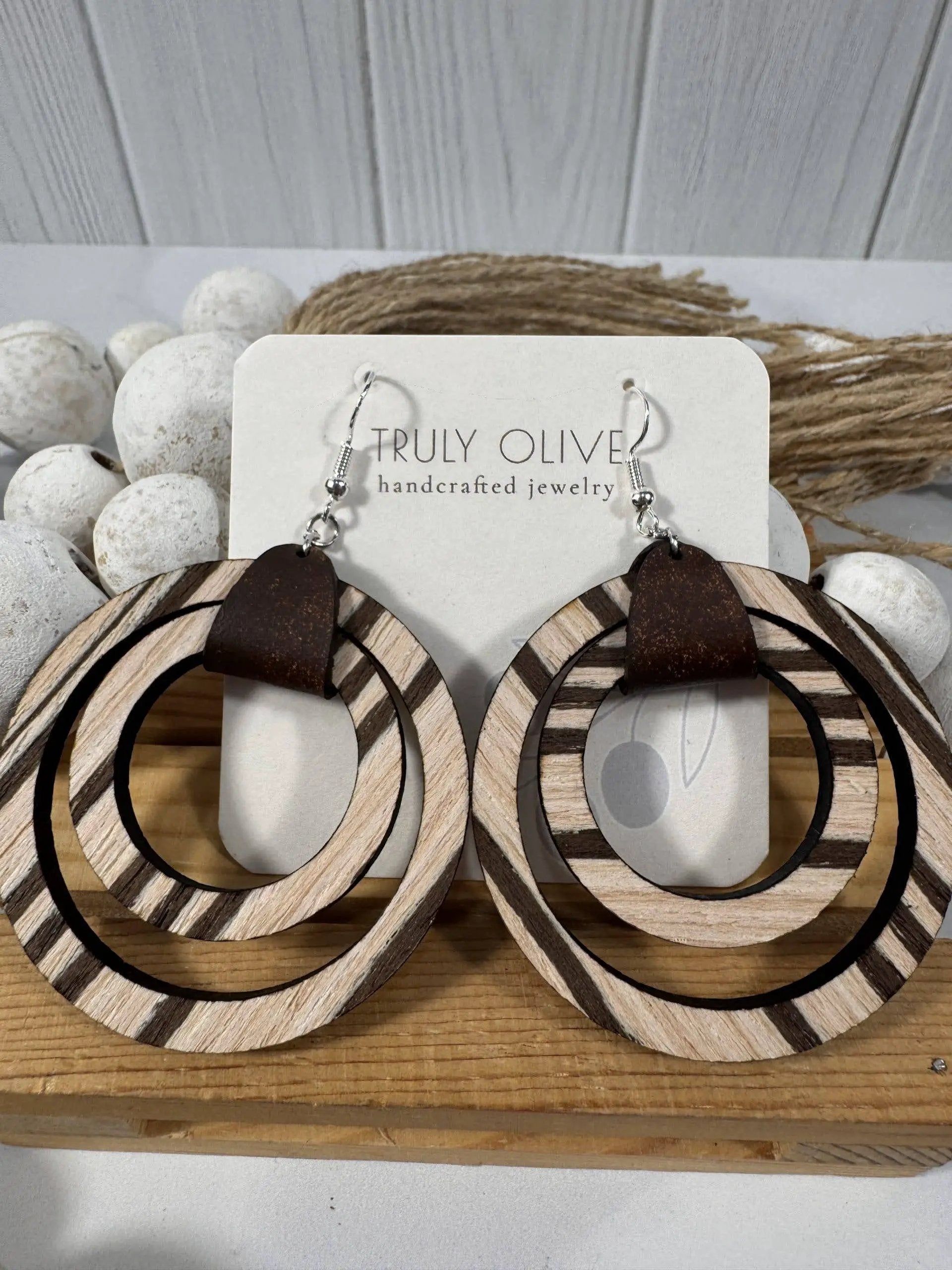 Truly Olive Leather Strap Wooden Hoop Earrings - Earrings Hoop Earrings