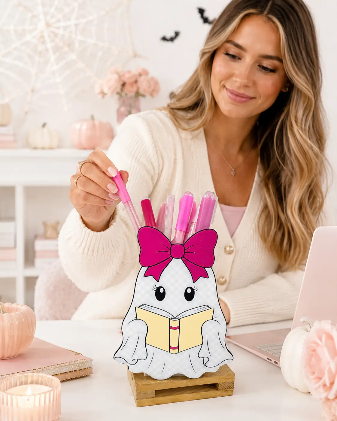 Truly Olive Bookish Ghost Pen Holder | Pink Bow Halloween Desk Organizer - Pen Holders Desk Pen Holders
