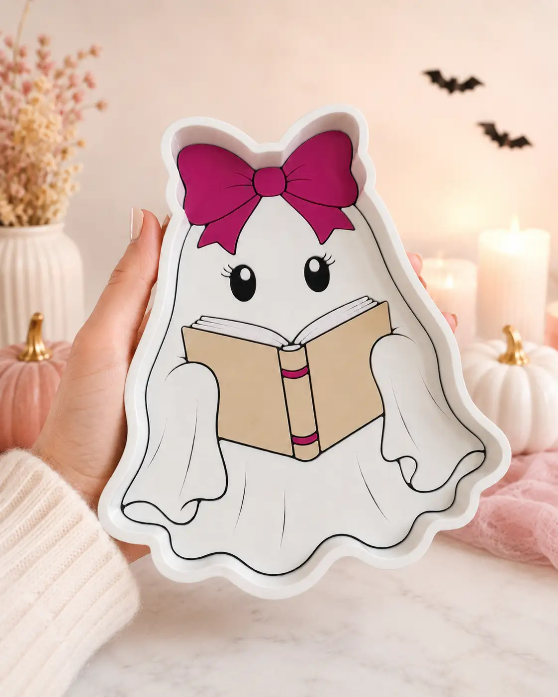 Trulyolive Bookish Ghost Trinket Tray, Cute Halloween Jewelry Dish, Pink Bow Ghost Decor, Spooky Season Ring Dish, Book Lover Halloween Gift - Decorative Trays