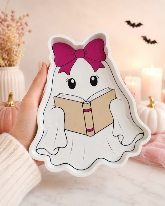 Trulyolive Bookish Ghost Trinket Tray, Cute Halloween Jewelry Dish, Pink Bow Ghost Decor, Spooky Season Ring Dish, Book Lover Halloween Gift - Decorative Trays
