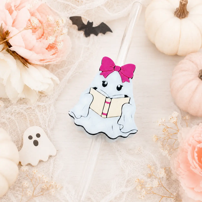Truly Olive Adorable Ghost Can Cooler With Pink Bow And Bookish Straw - Straw Holders Straw Toppers