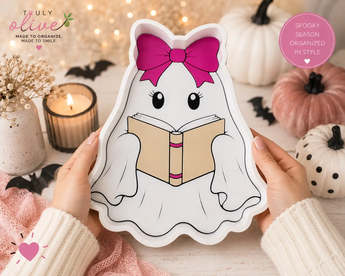 Trulyolive Bookish Ghost Trinket Tray, Cute Halloween Jewelry Dish, Pink Bow Ghost Decor, Spooky Season Ring Dish, Book Lover Halloween Gift - Decorative Trays